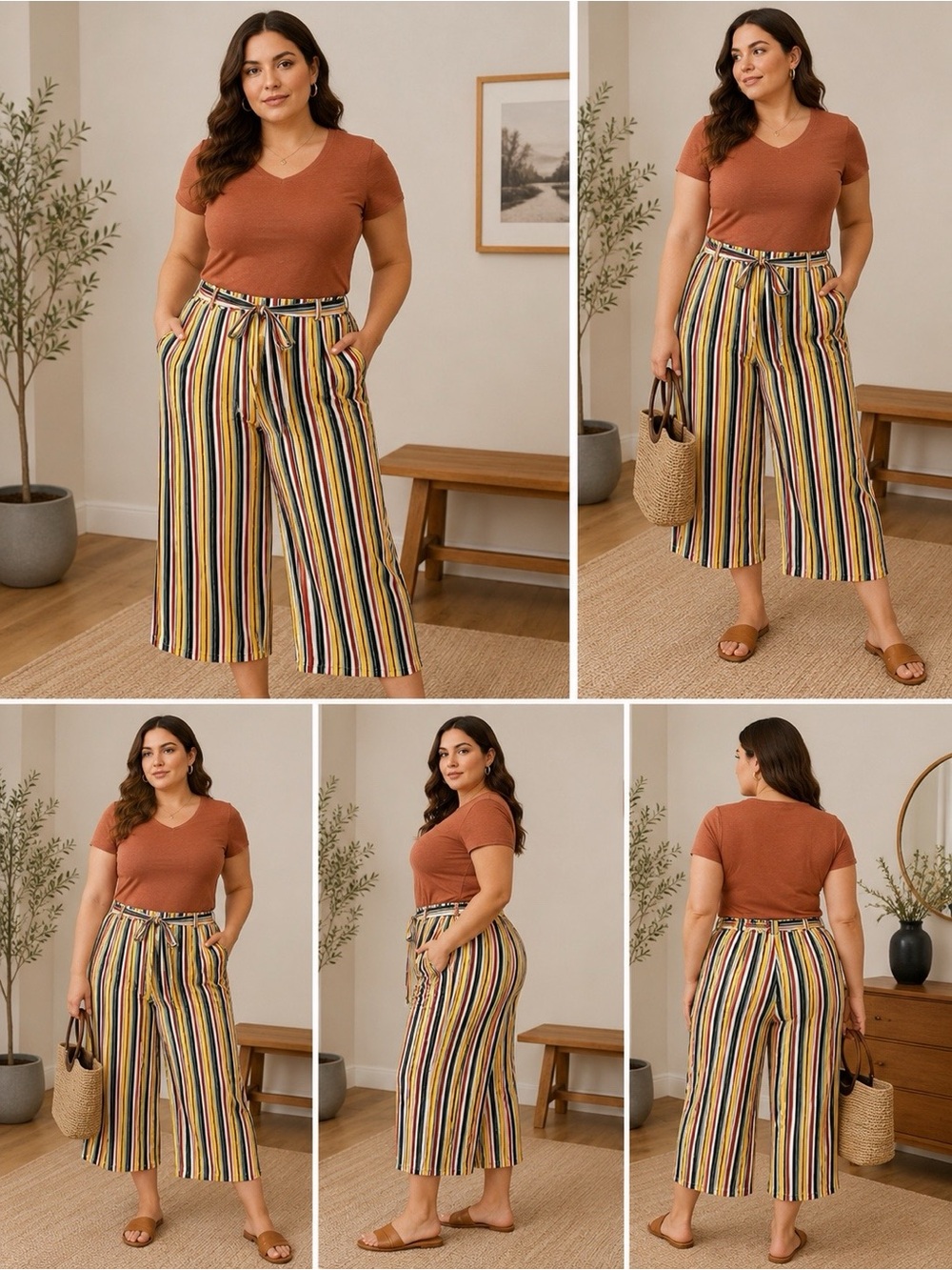BOBBIE BROOKS Y2K L Cropped Palazzo Paper Bag Tie Waist Striped Comfy Stetchy